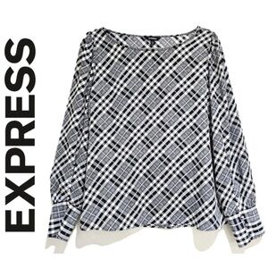 Express Plaid Lightweight Black and White Button Sleeve Blouse Size Medium